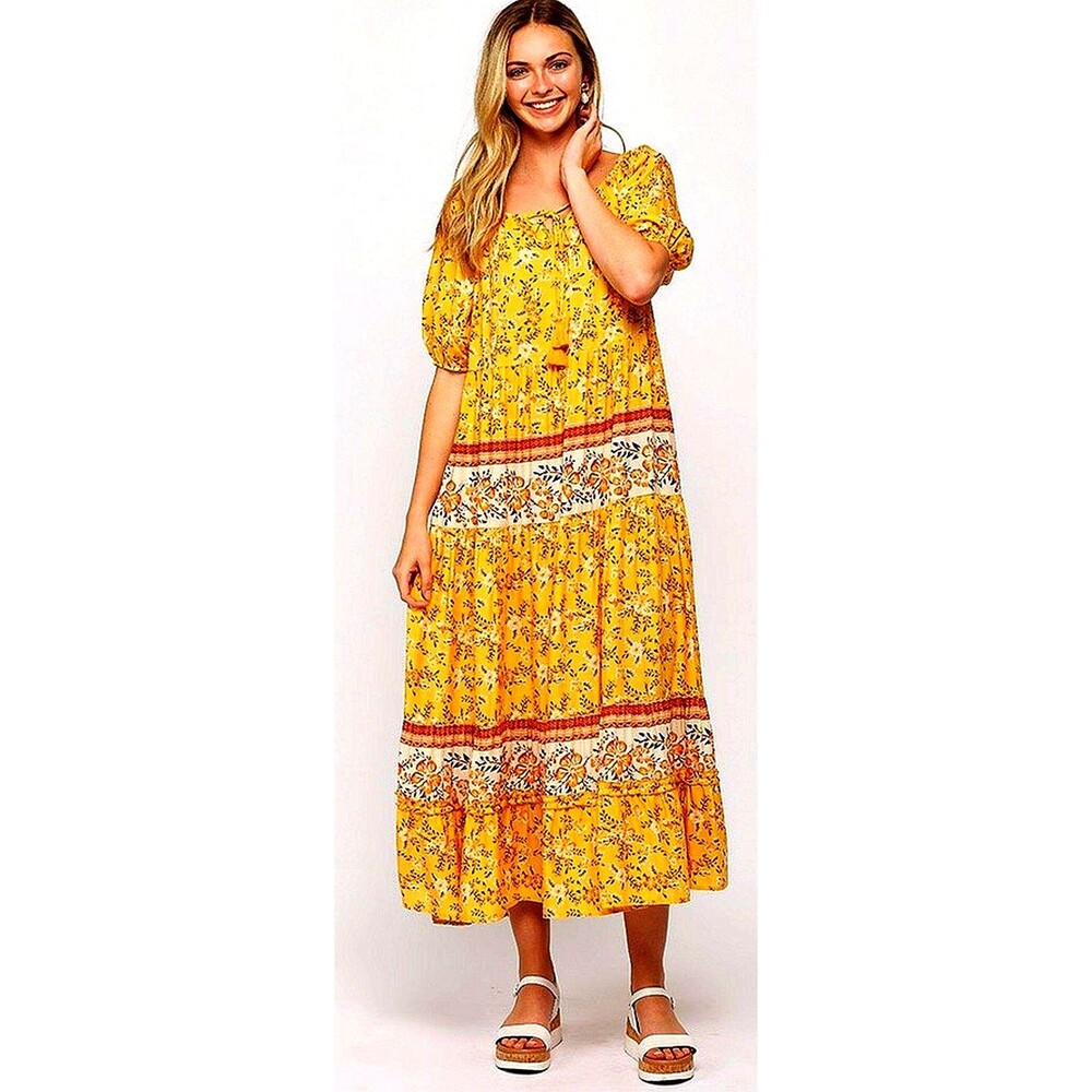 Gigio S 4 6 8 Sunny Border Mixed Floral Prints Tiered Maxi Dress Tassel Ties